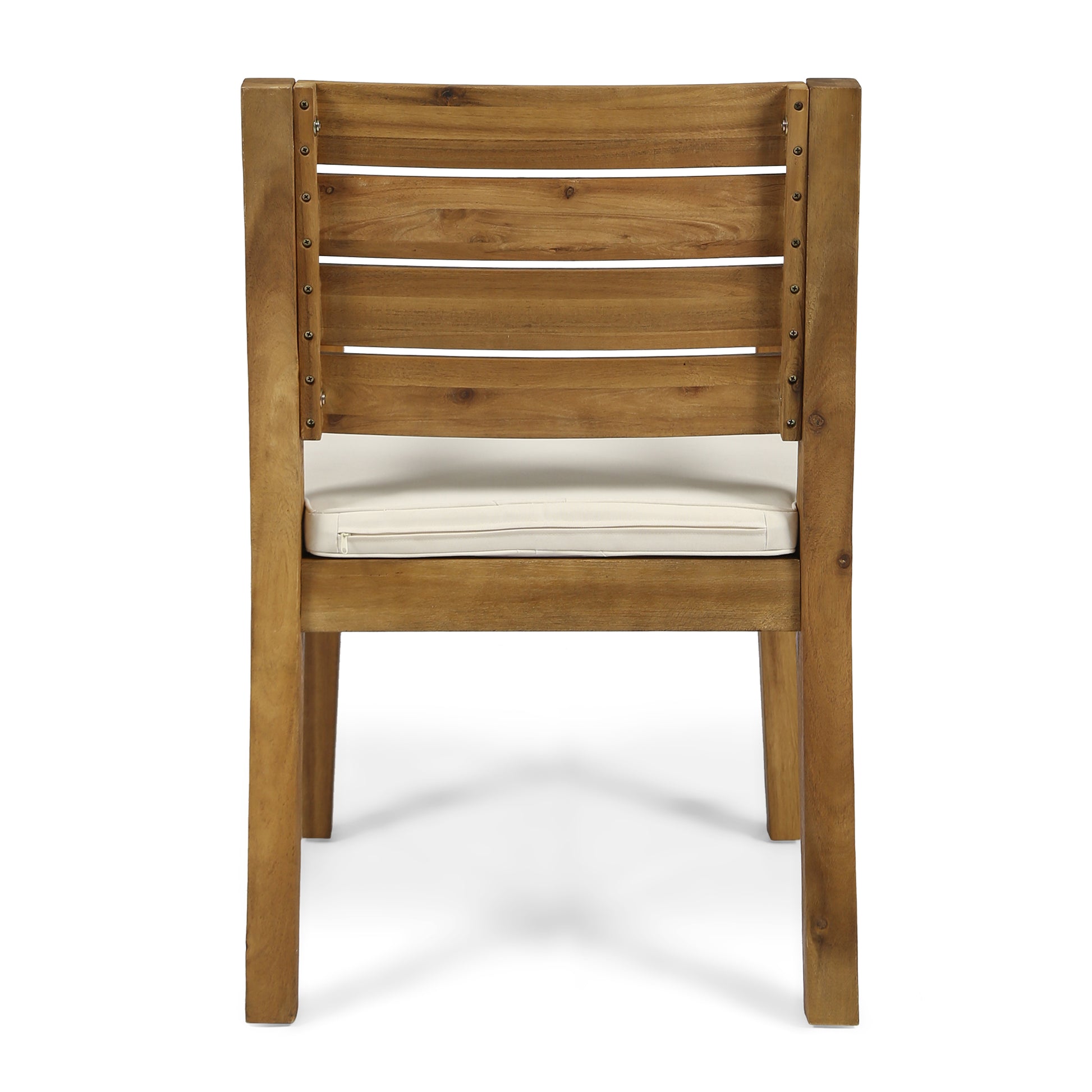 Rear view of a slatted back wooden dining chair with a cream cushion