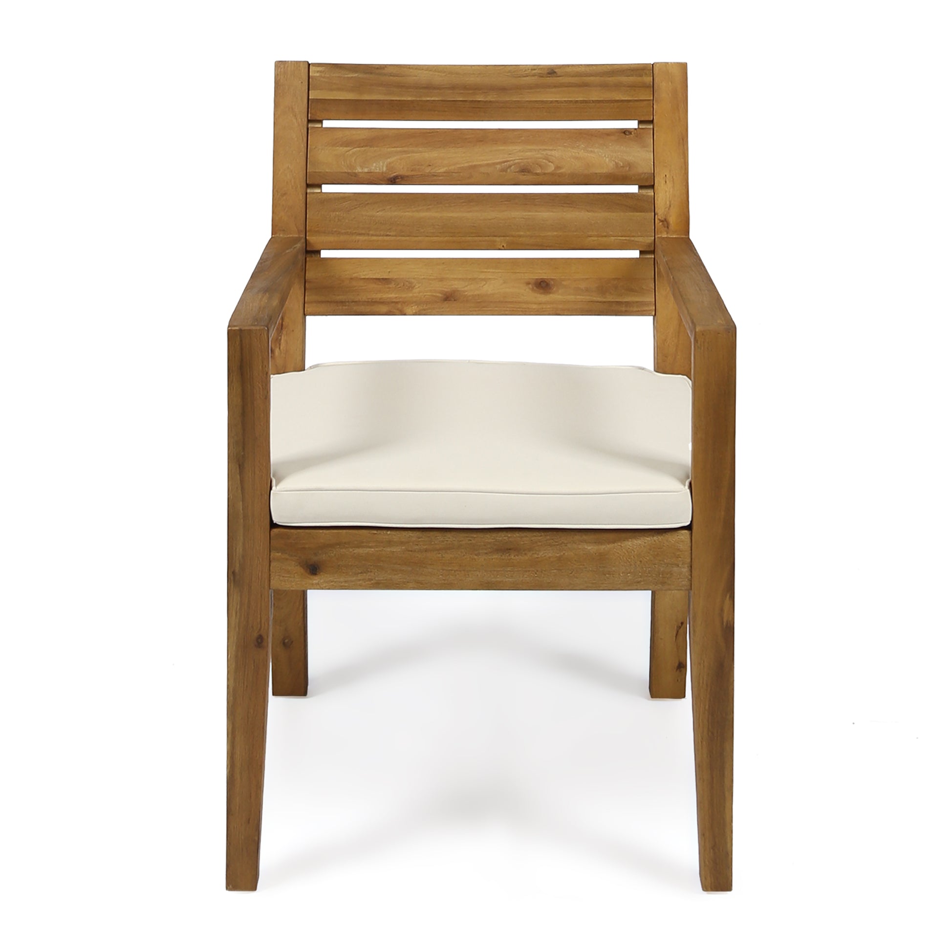 Natural wood outdoor armchair with comfortable offwhite cushion modern slatted design
