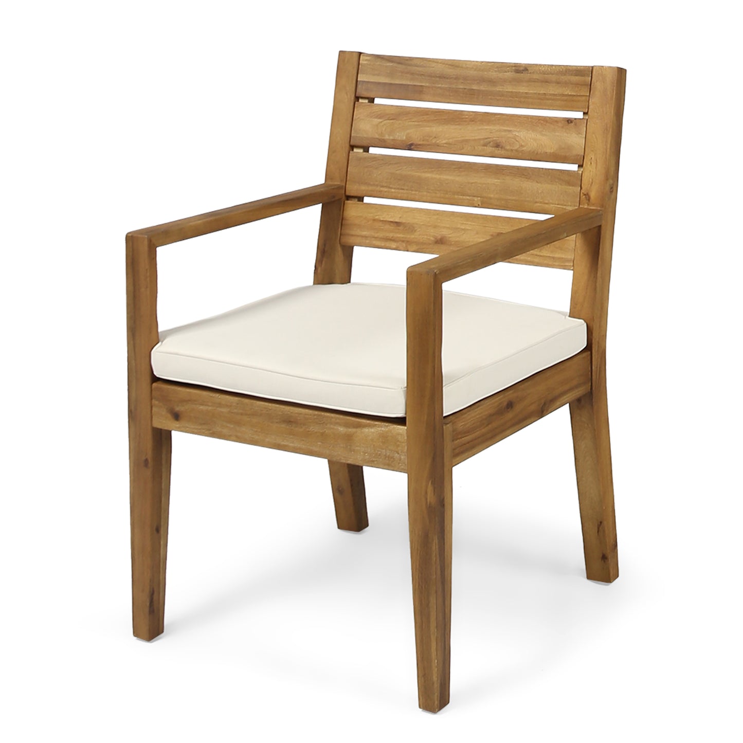 Modern wooden outdoor chair with a cream cushion ideal for patio seating