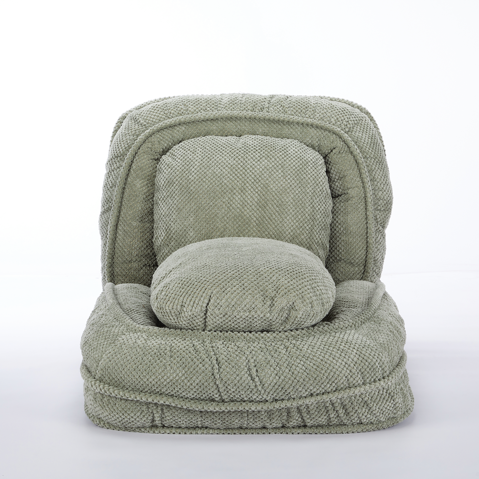 Plush sage green bean bag chair with rounded ergonomic design and comfort