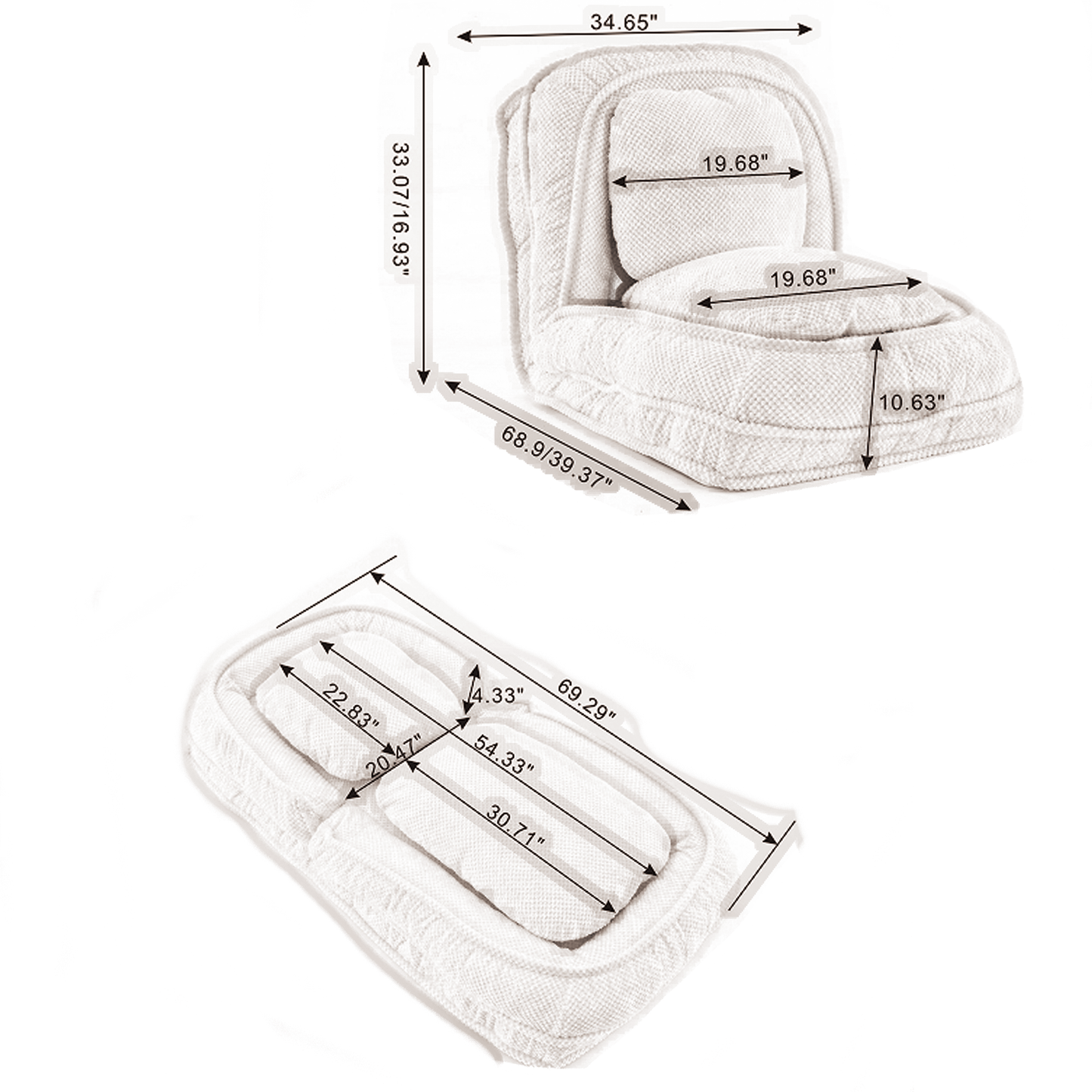 Textured white car seat cushion with lumbar support and dimensions shown