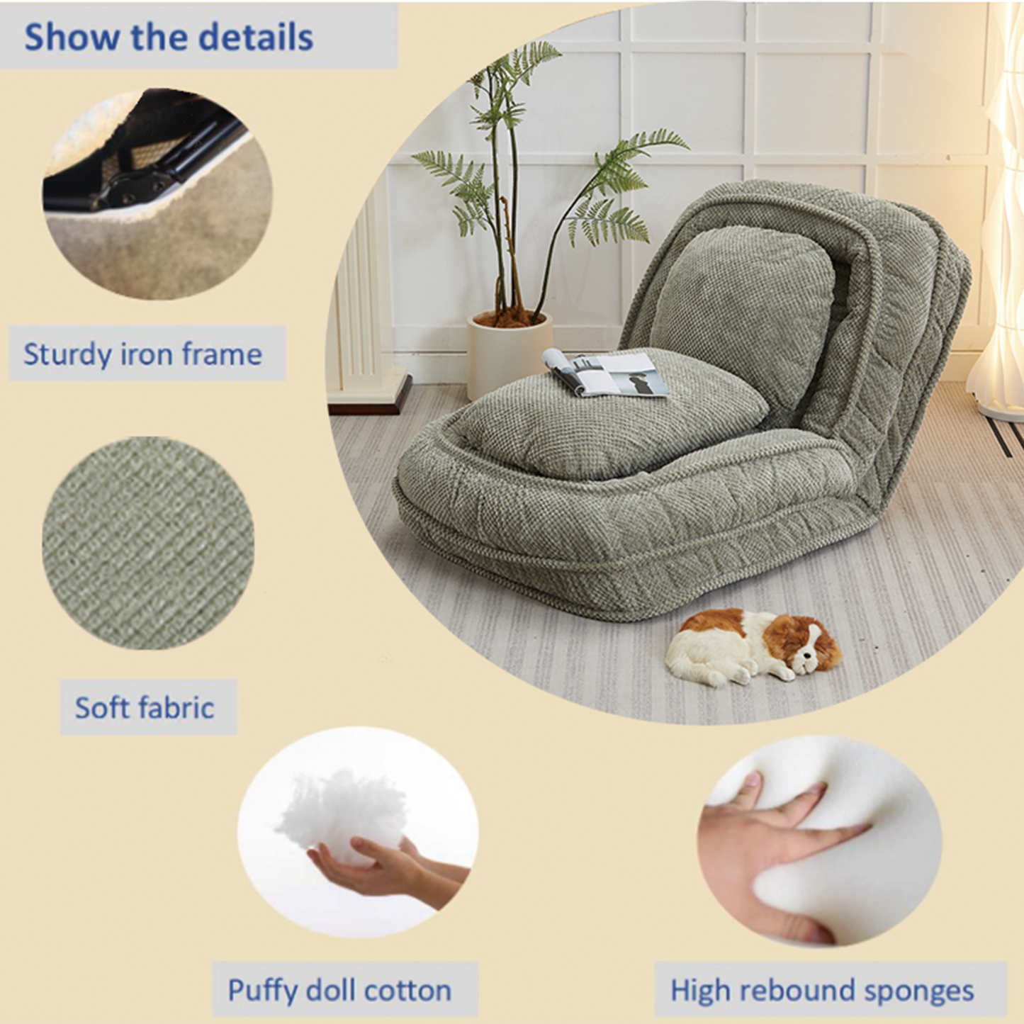 Grey textured floor sofa chair with sturdy iron frame ideal for living rooms