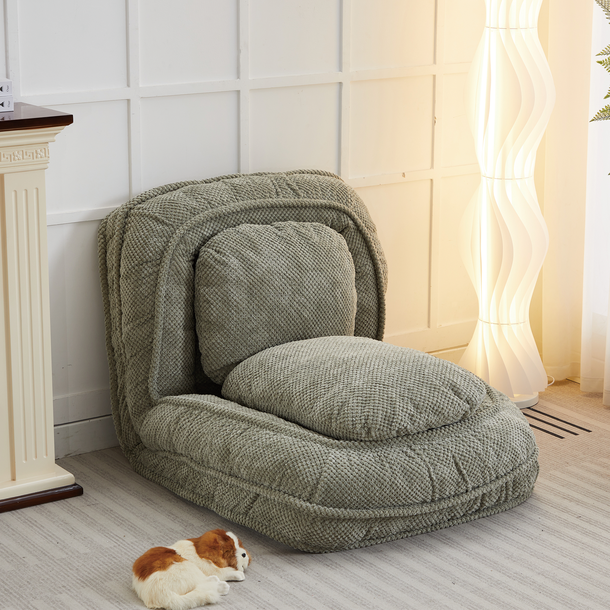 Plush olive green bean bag chair with a textured fabric and adjustable backrest