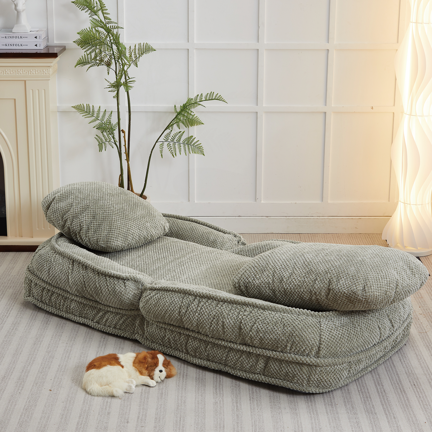 Sage green corduroy pet bed with bolster sides and plush cushioning for ultimate comfort