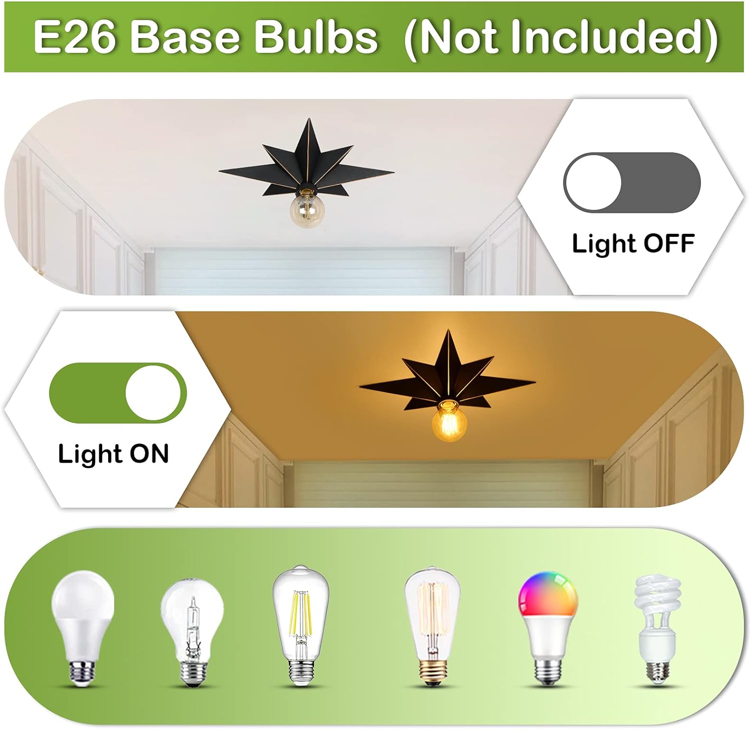 Black starshaped flush mount ceiling light with a lit Edison bulb