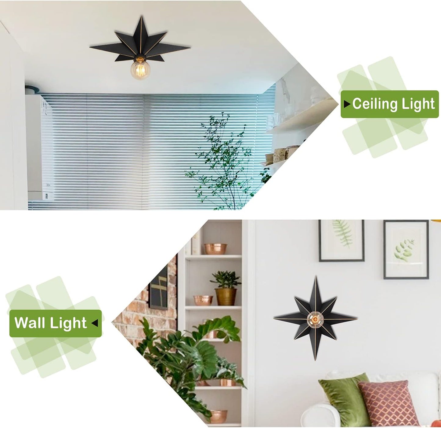 Black starburst ceiling light with gold accents and exposed Edison bulb