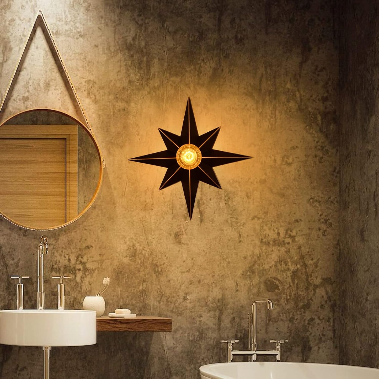 Black starburst wall sconce with exposed bulb illuminates modern bathroom