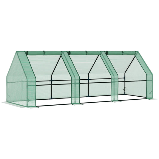 Green walkin greenhouse with three sections and a mesh cover for plant protection