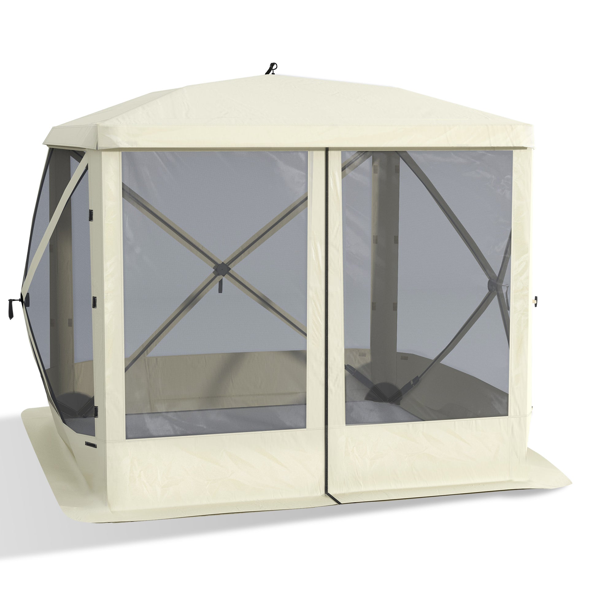Beige popup canopy tent with mesh screen walls and metal frame for outdoor events