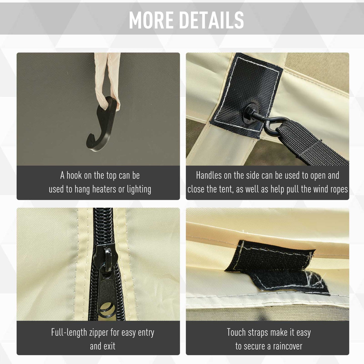 Black hook on cream fabric strap for hanging tent accessories