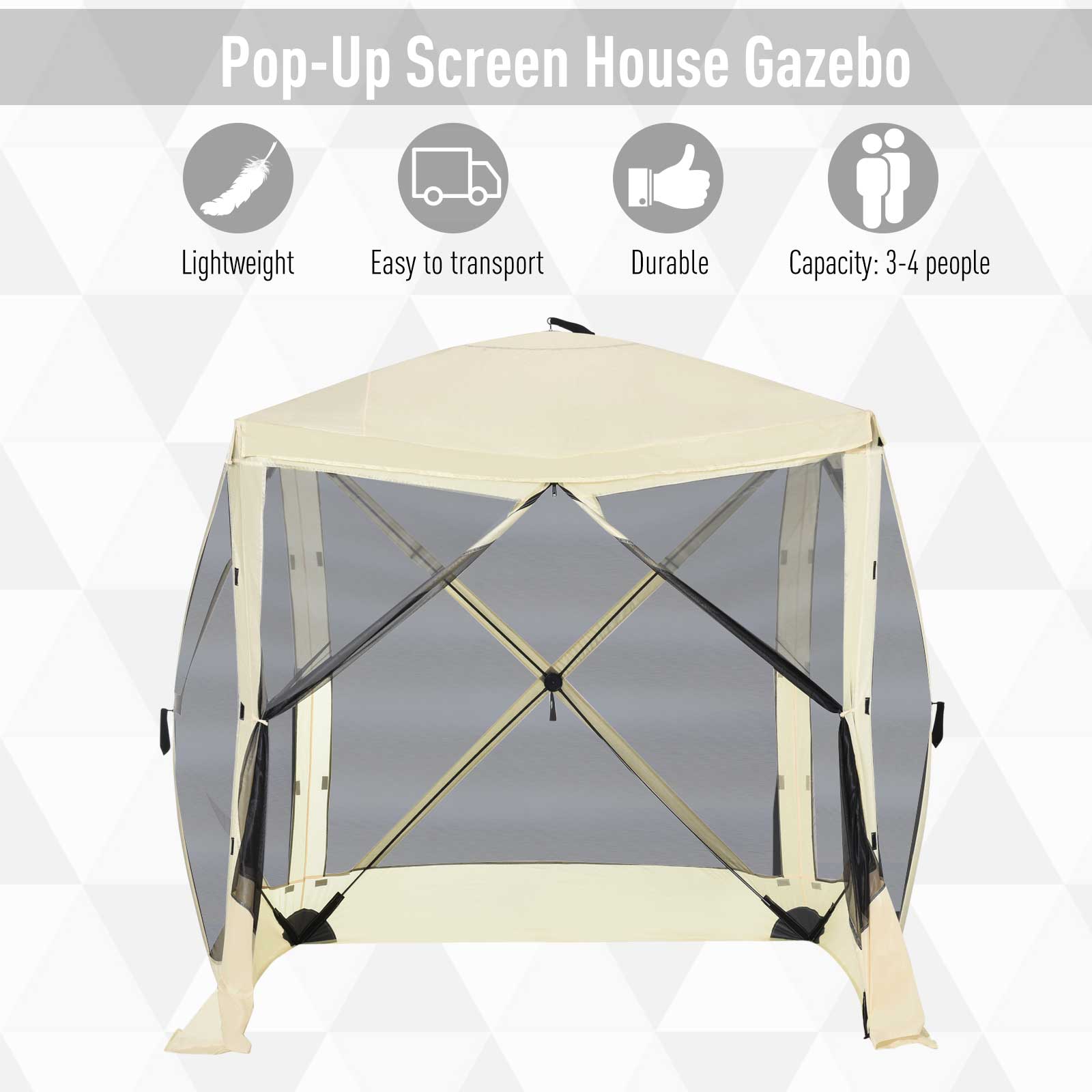 Creamcolored popup screen house gazebo with a durable frame and insect netting for outdoor use