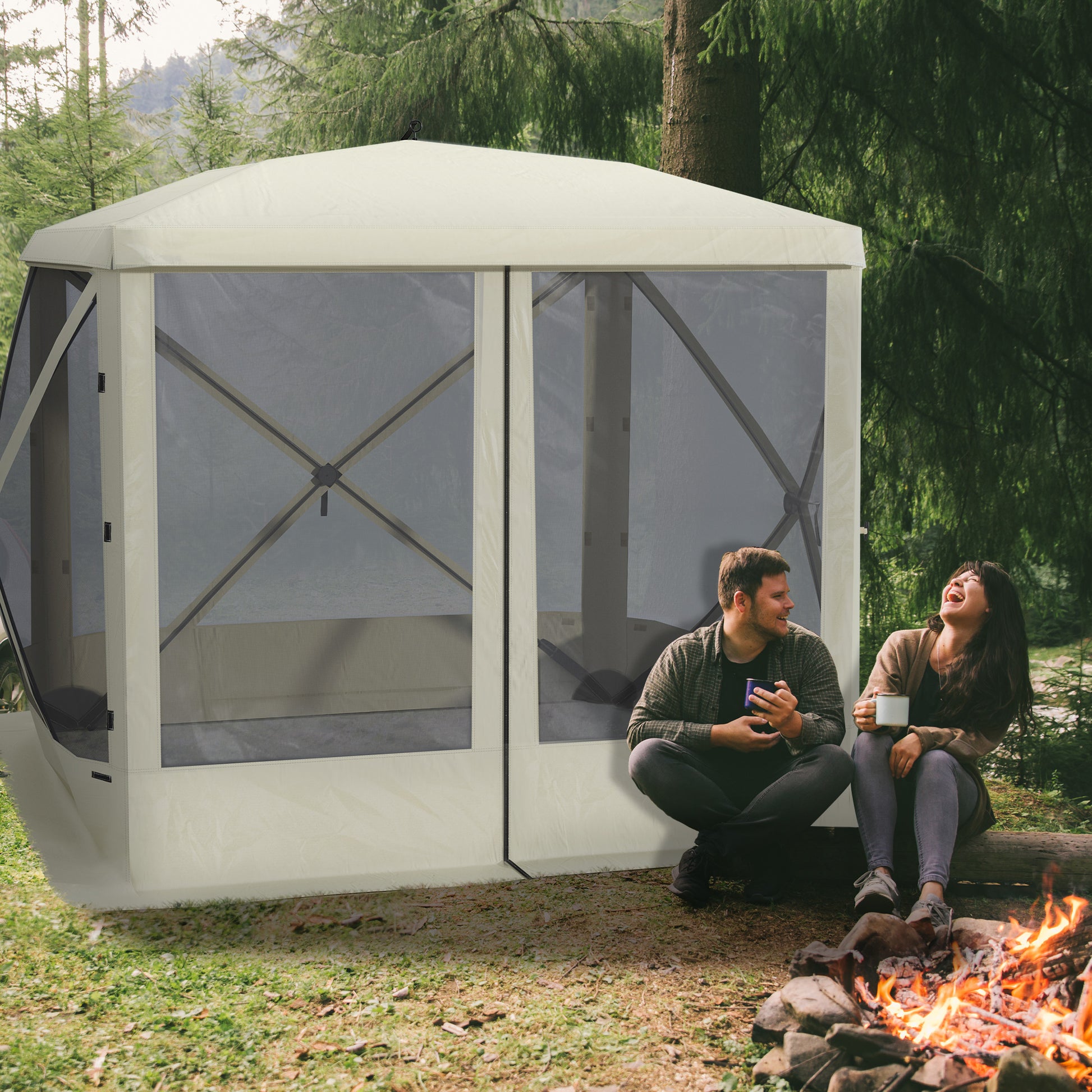 Creamcolored popup gazebo with mesh walls perfect for outdoor events and camping