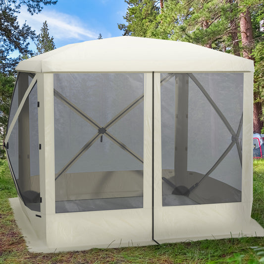 Beige screened canopy tent with a hexagonal roof for outdoor gatherings