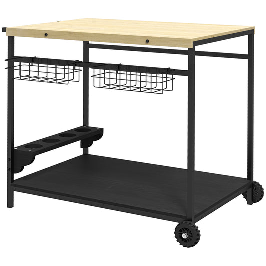 Rolling kitchen cart with light wood top and black metal frame featuring wire baskets