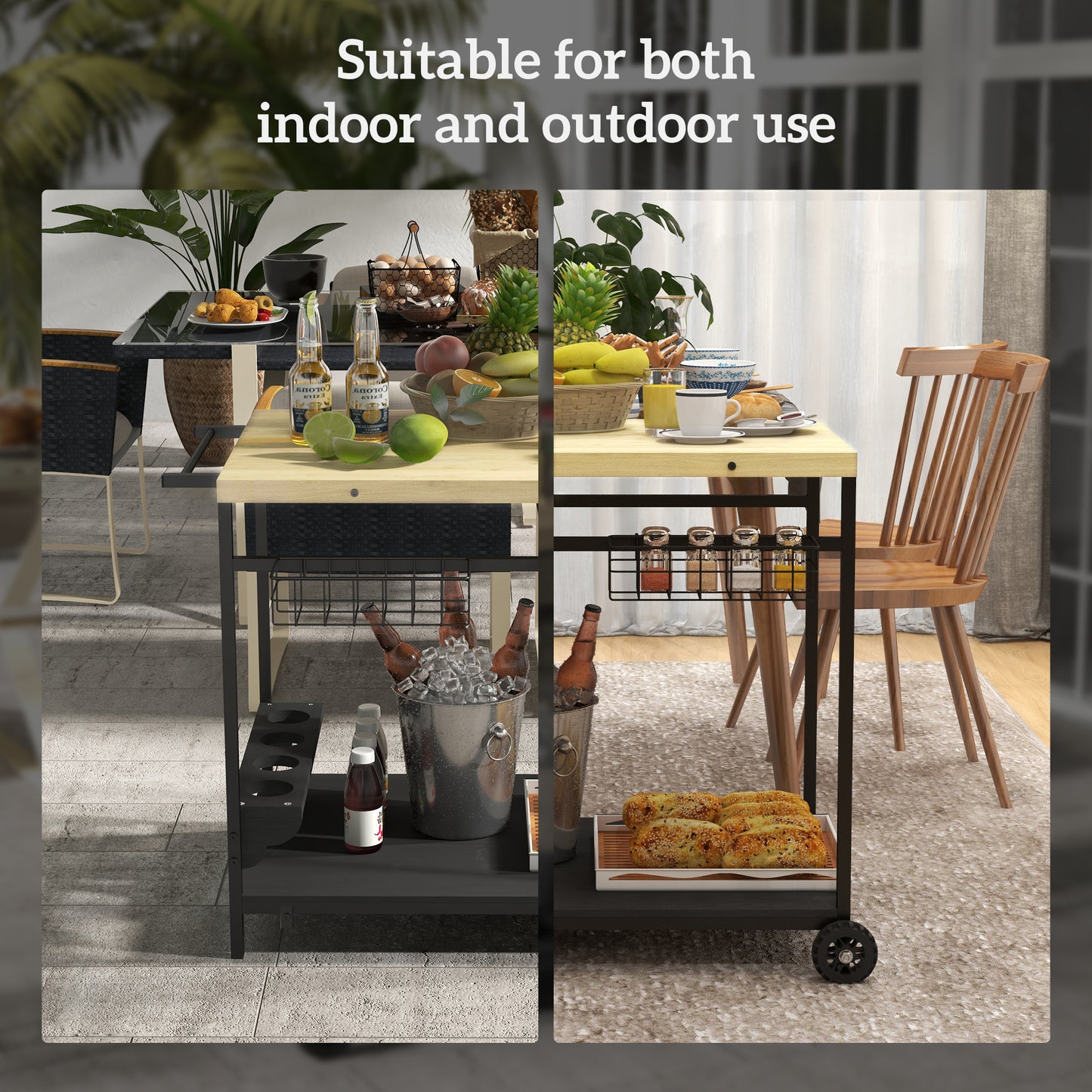 Twotiered kitchen cart with black metal frame light wood top and wheels