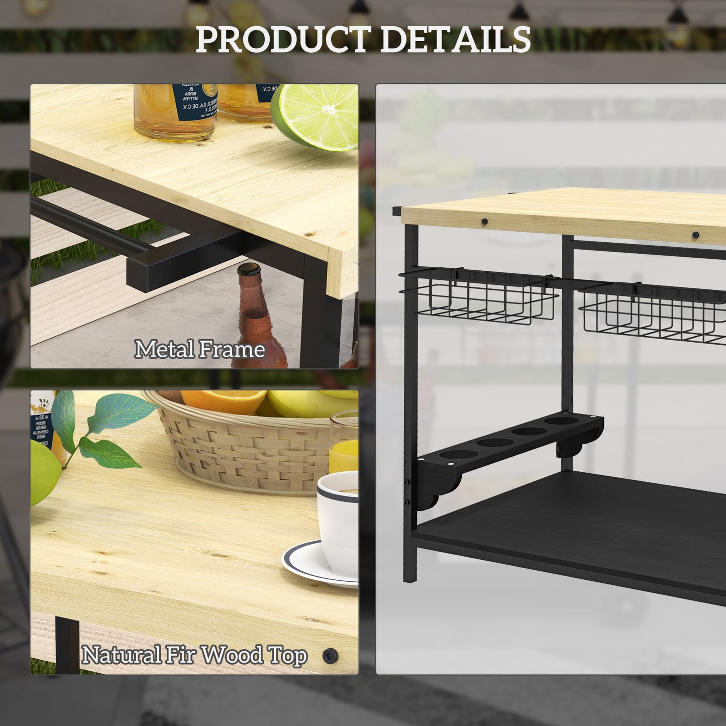 Outdoor kitchen cart with durable metal frame and natural wood top