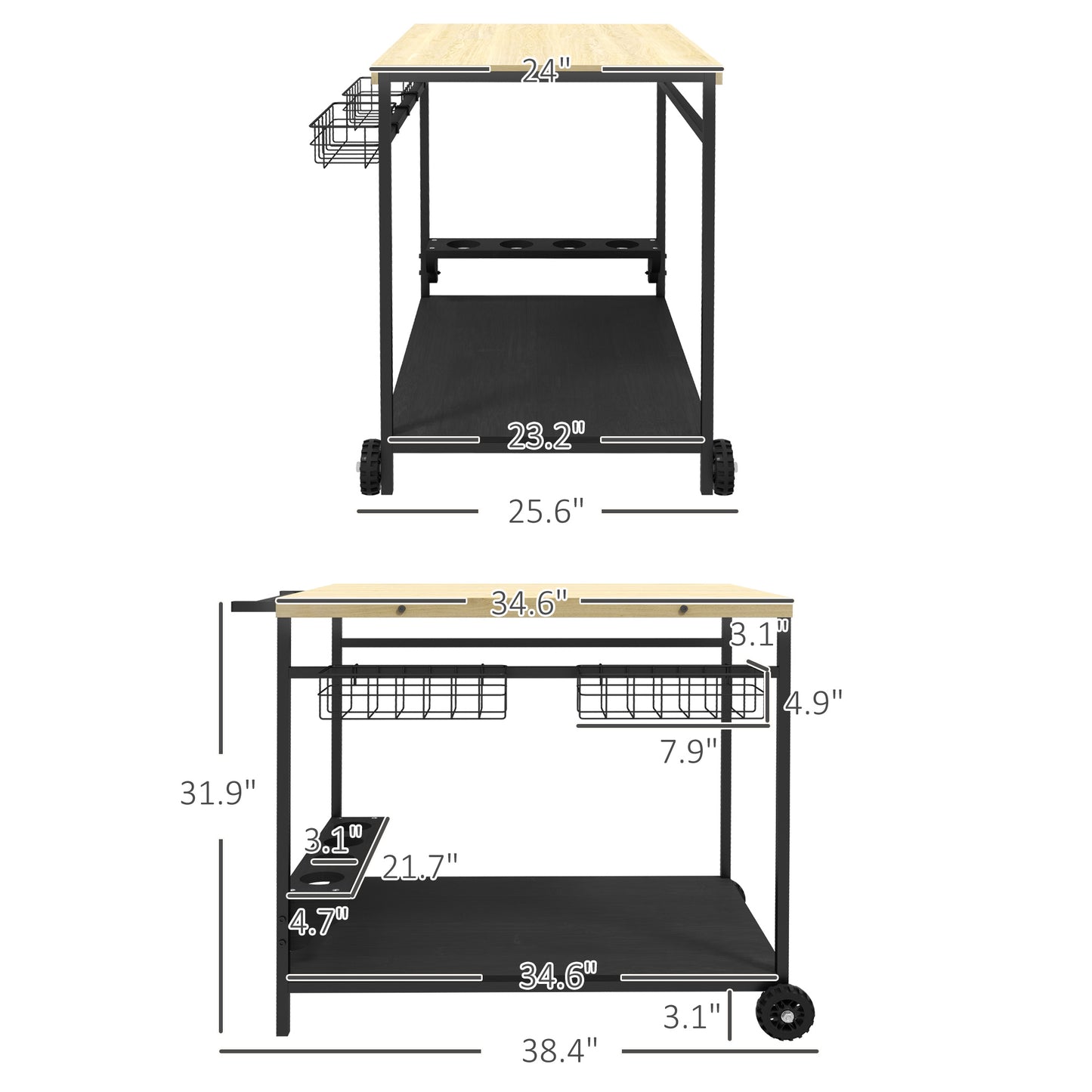 Twotier rolling kitchen cart with light wood top and black metal frame featuring wire baskets and cup holders
