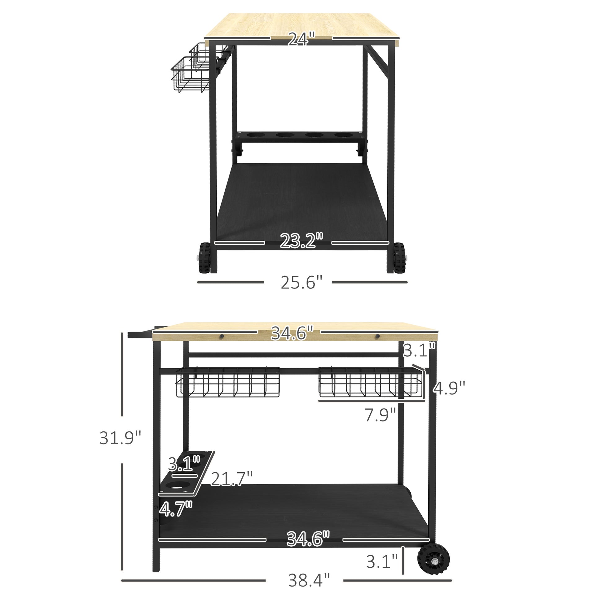 Twotier rolling kitchen cart with light wood top and black metal frame featuring wire baskets and cup holders