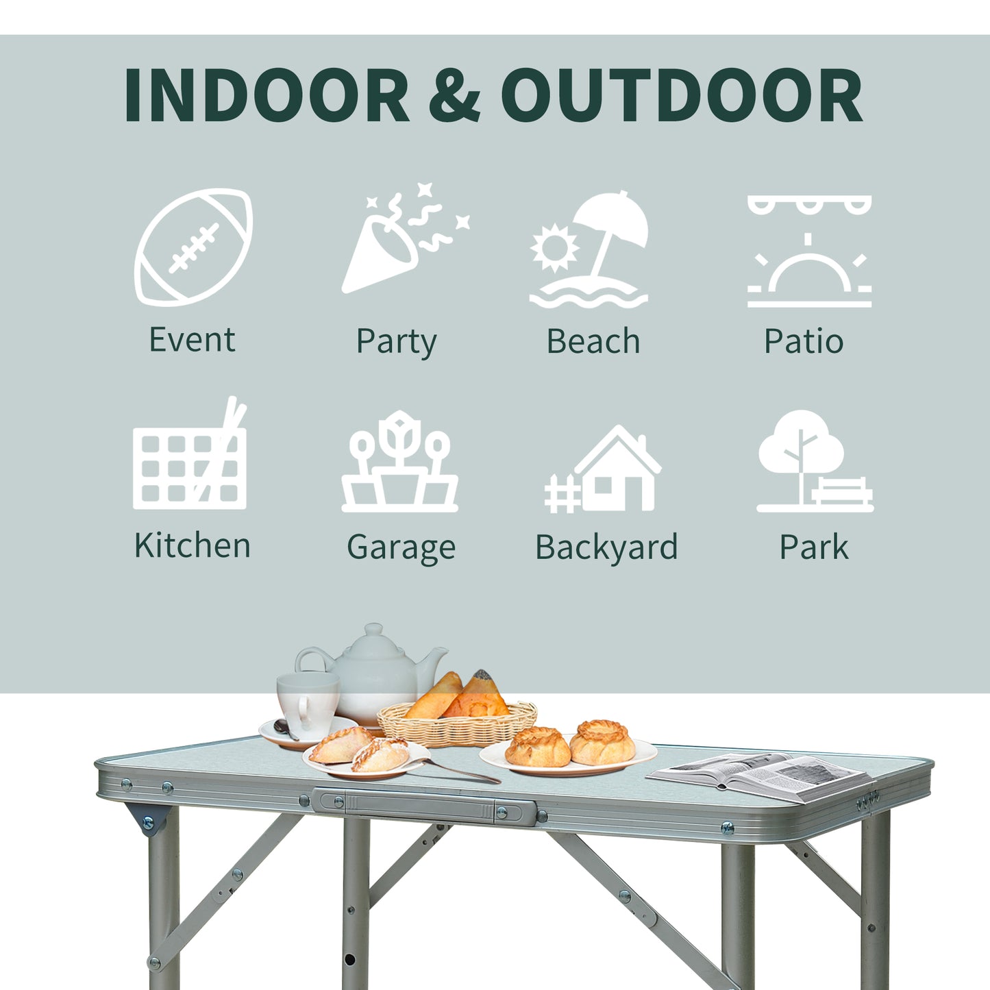 Folding table perfect for outdoor events with its durable aluminum frame