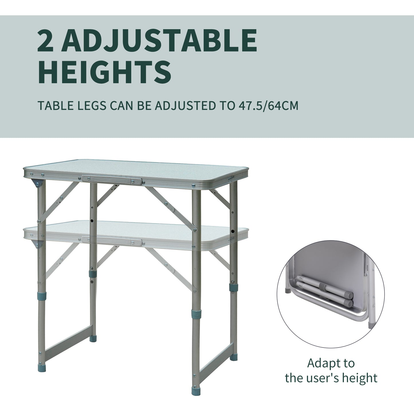 Adjustable height camping table with two tiers silver aluminum frame