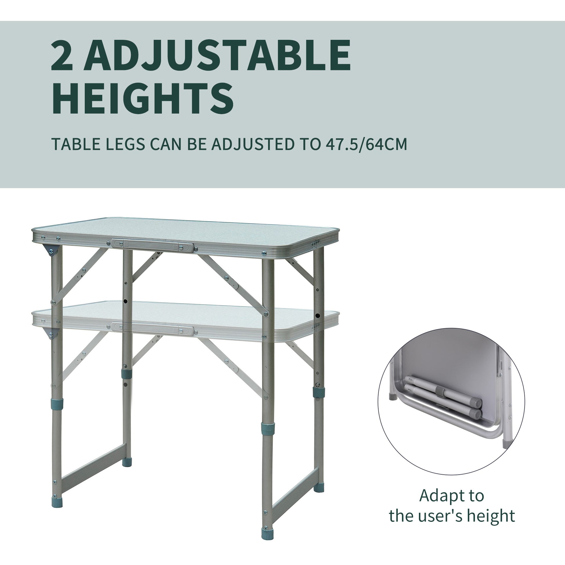 Adjustable height camping table with two tiers silver aluminum frame