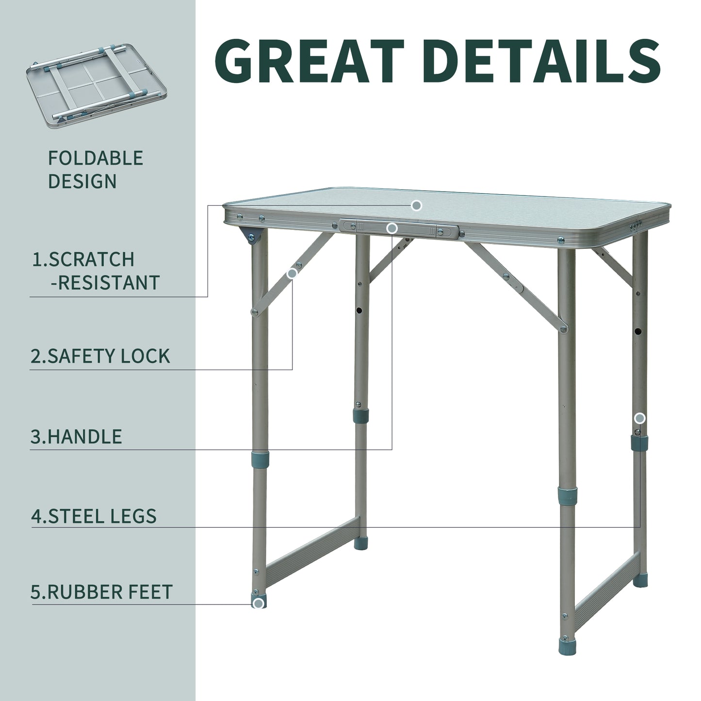 Compact foldable table with scratchresistant surface and silver aluminum frame