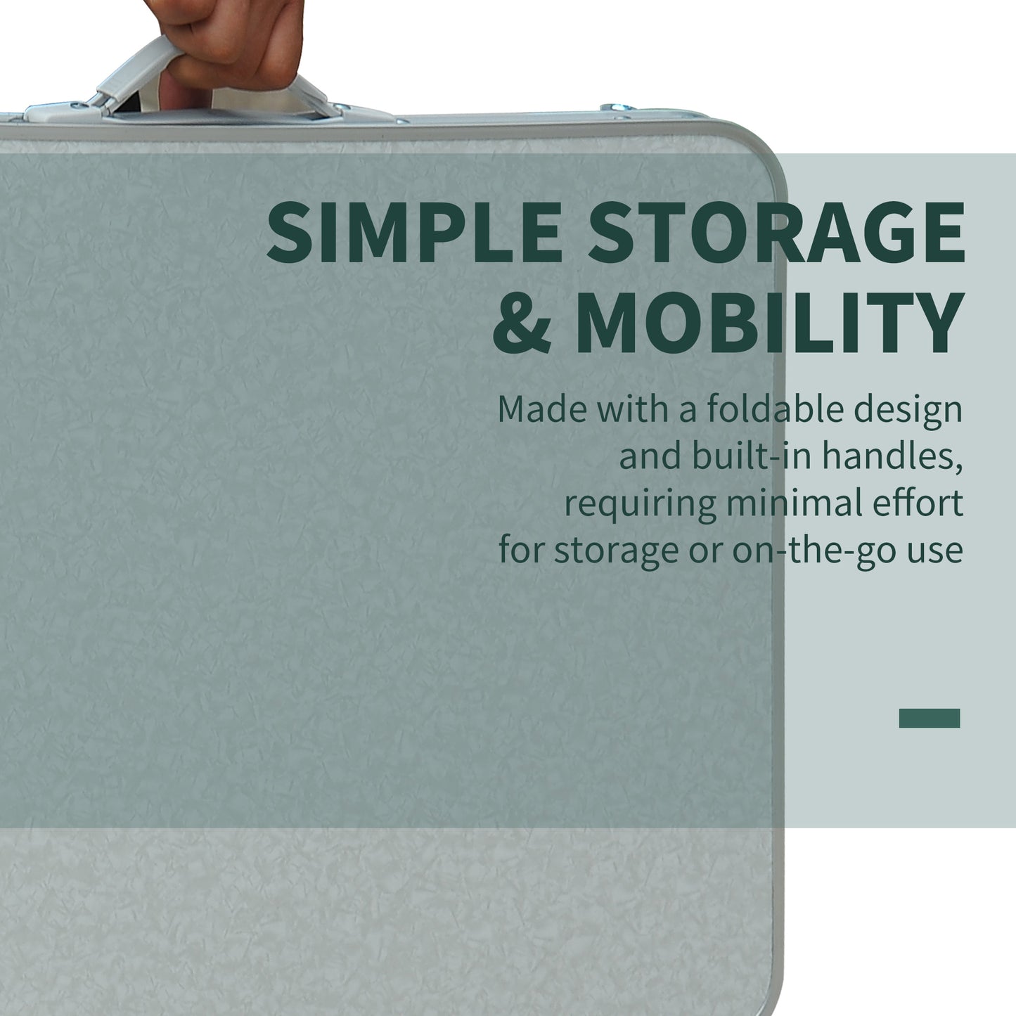 Light gray portable folding table with textured surface and carry handle
