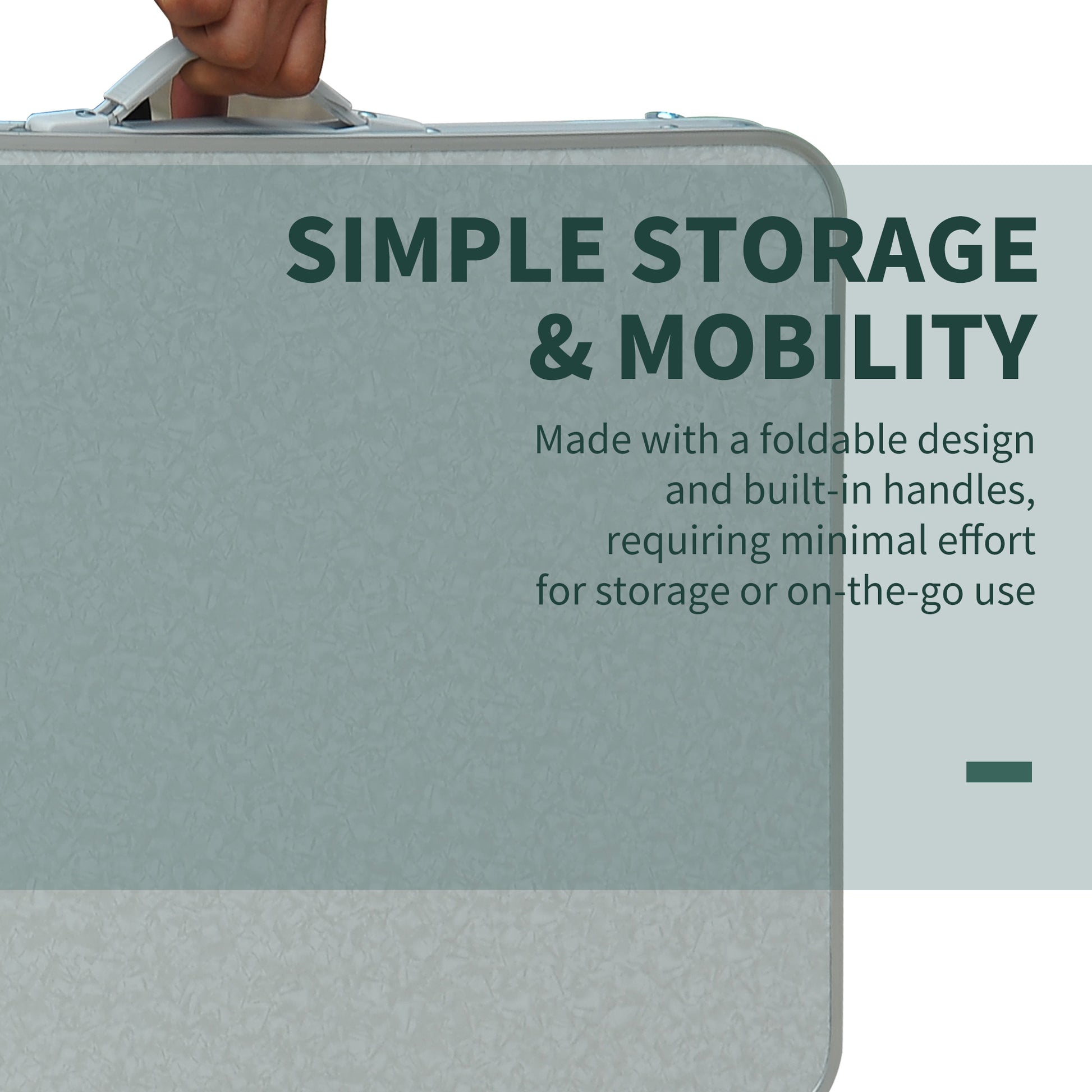 Light gray portable folding table with textured surface and carry handle