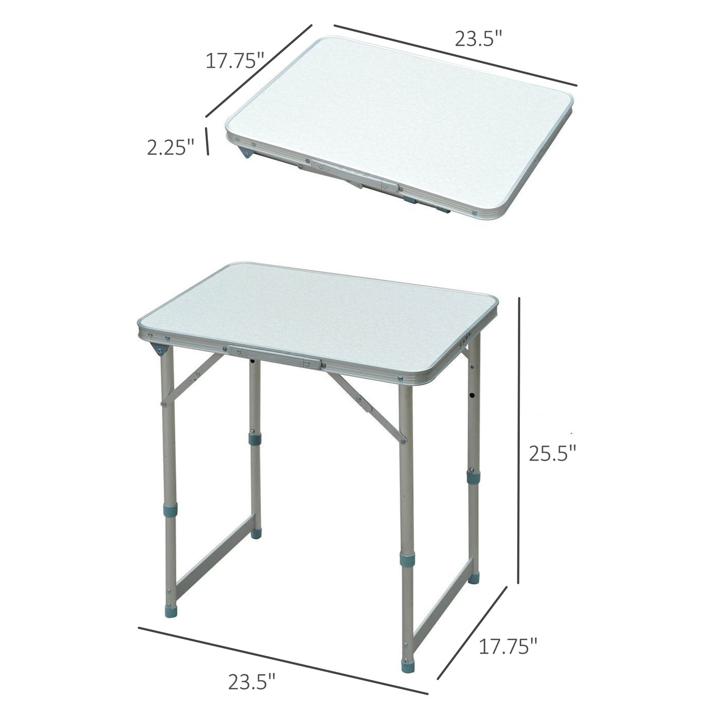 Lightweight aluminum folding table with textured silver tabletop and adjustable legs  x  x
