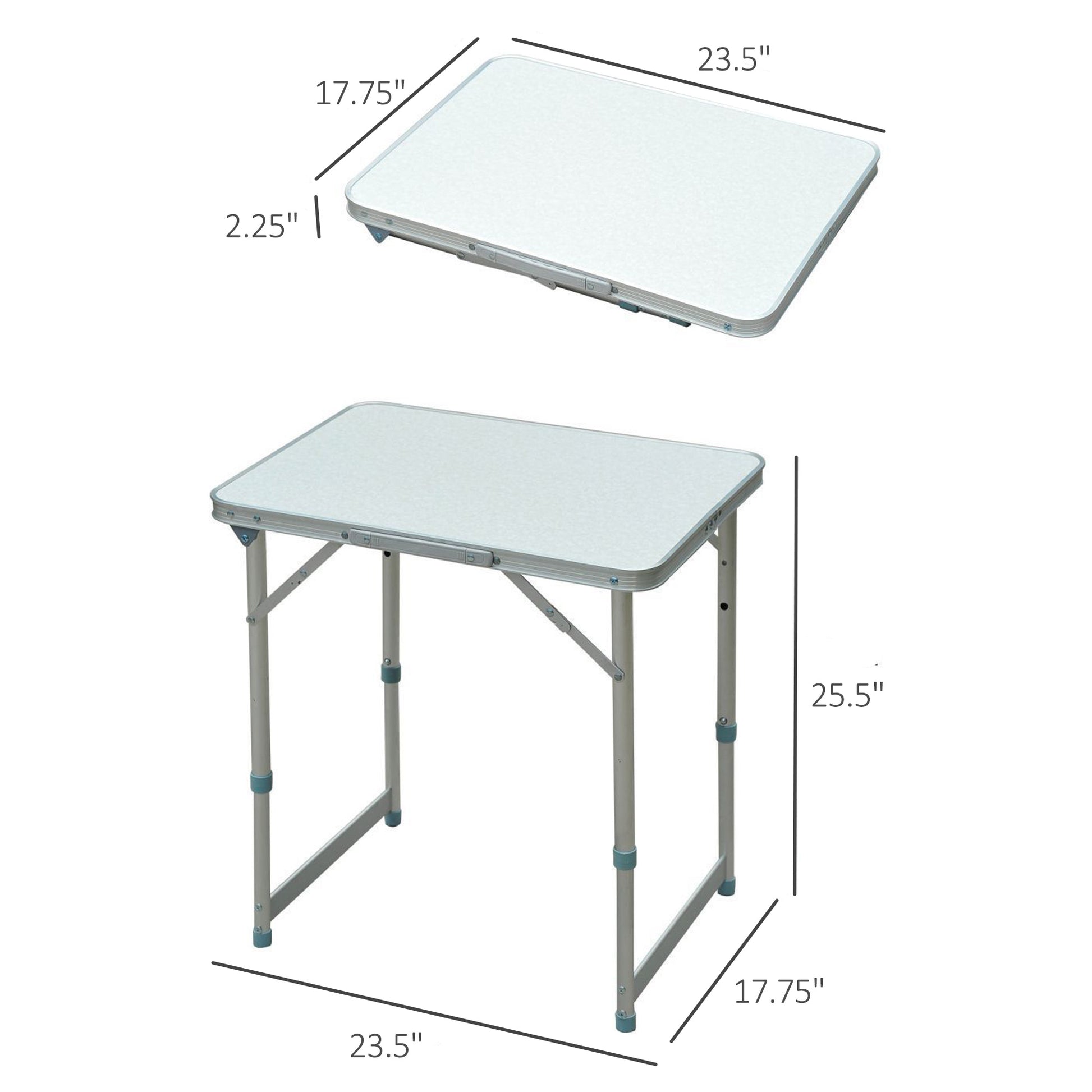 Lightweight aluminum folding table with textured silver tabletop and adjustable legs  x  x