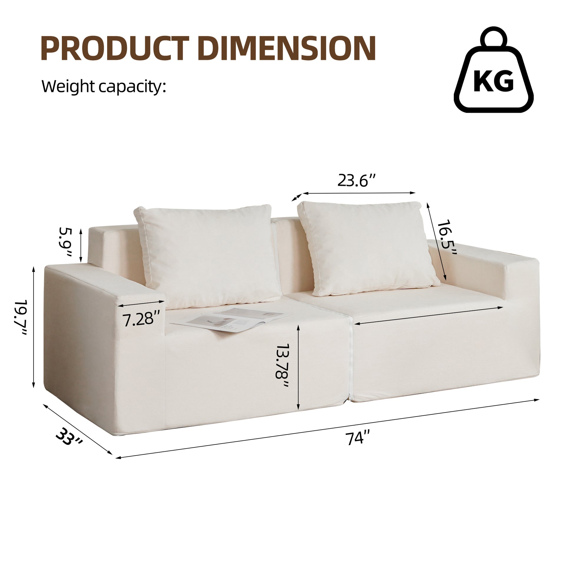 Cream modular sofa with dimensions labeled