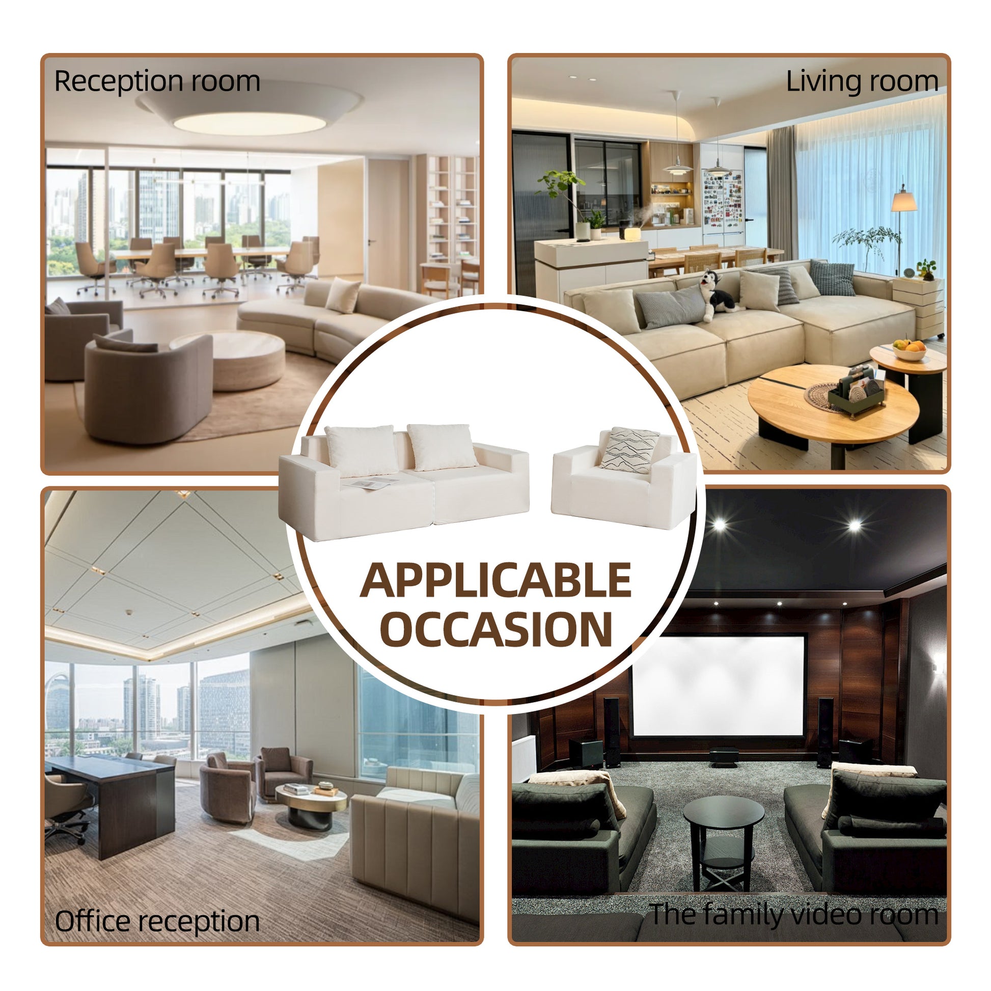 Modern beige modular sofa in a spacious living room with wood accents and natural light