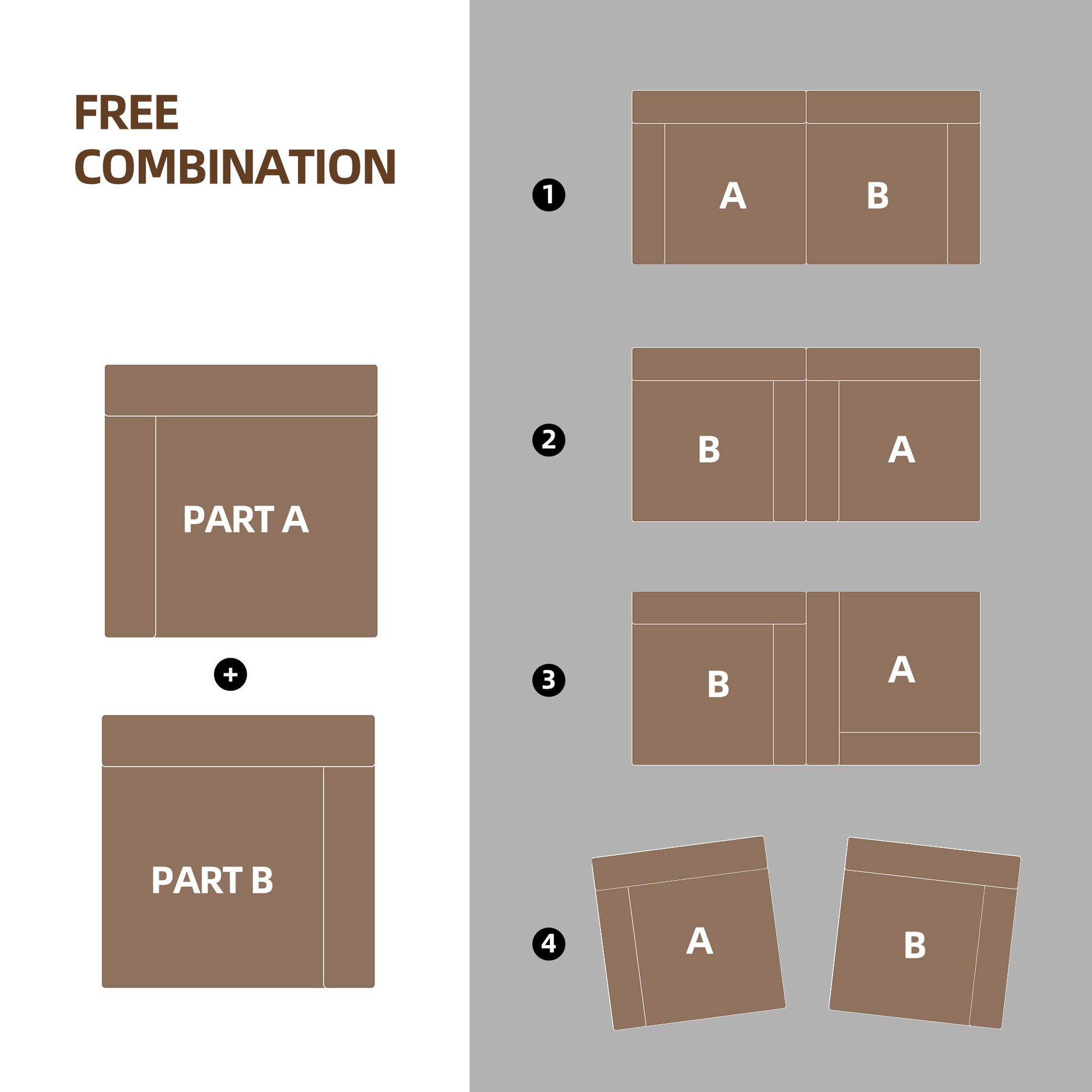 Diagram showing two modular sofa components Part A and Part B for free combination