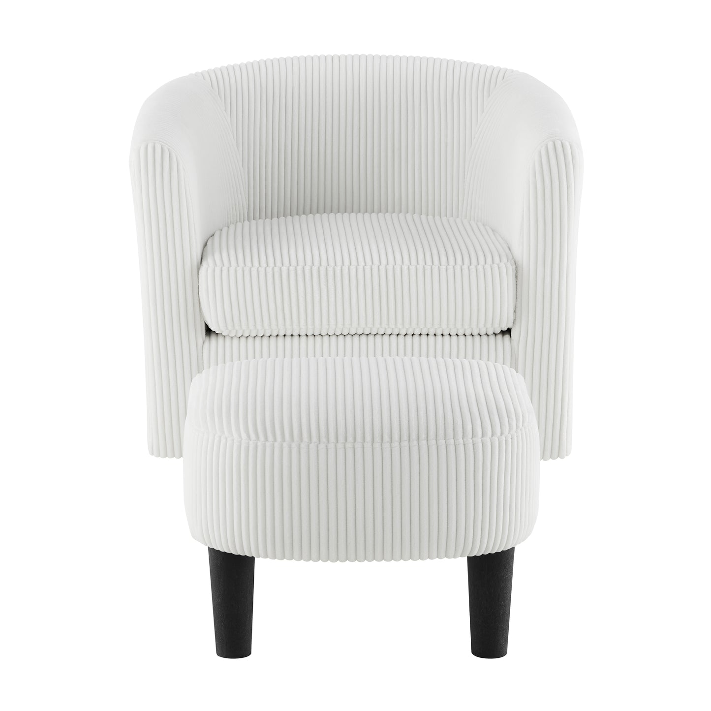 White corduroy accent chair with matching ottoman and dark wooden legs