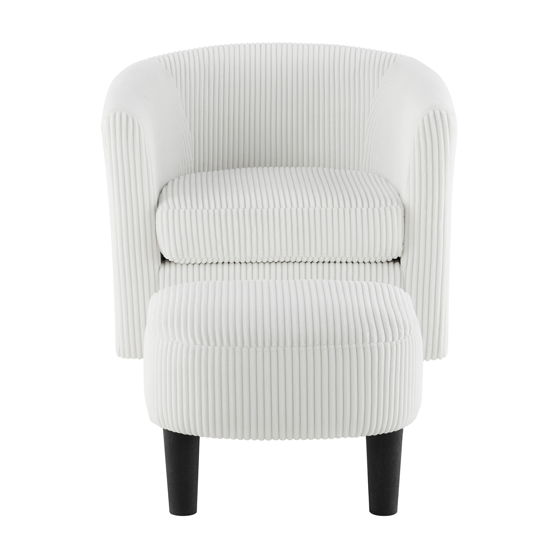 White corduroy accent chair with matching ottoman and dark wooden legs