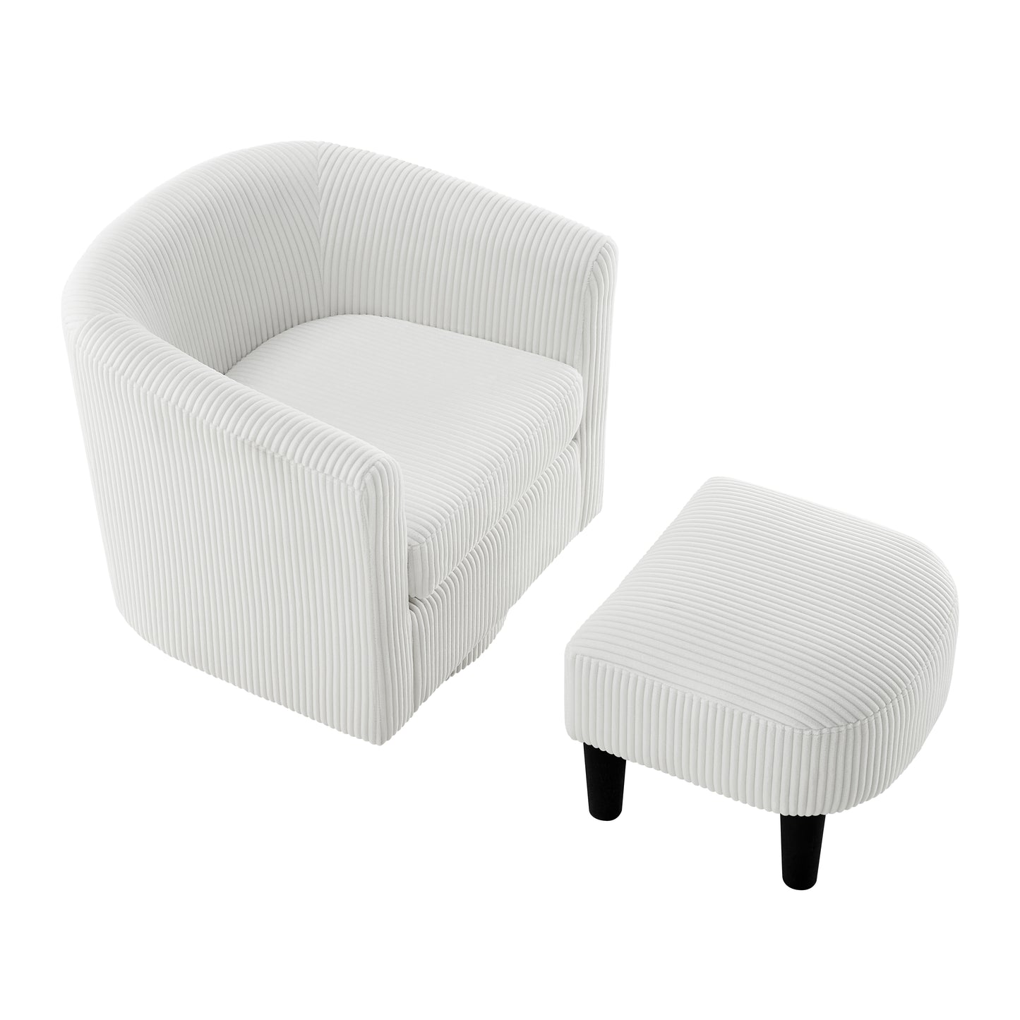 Cozy white corduroy armchair with matching ottoman perfect for relaxation