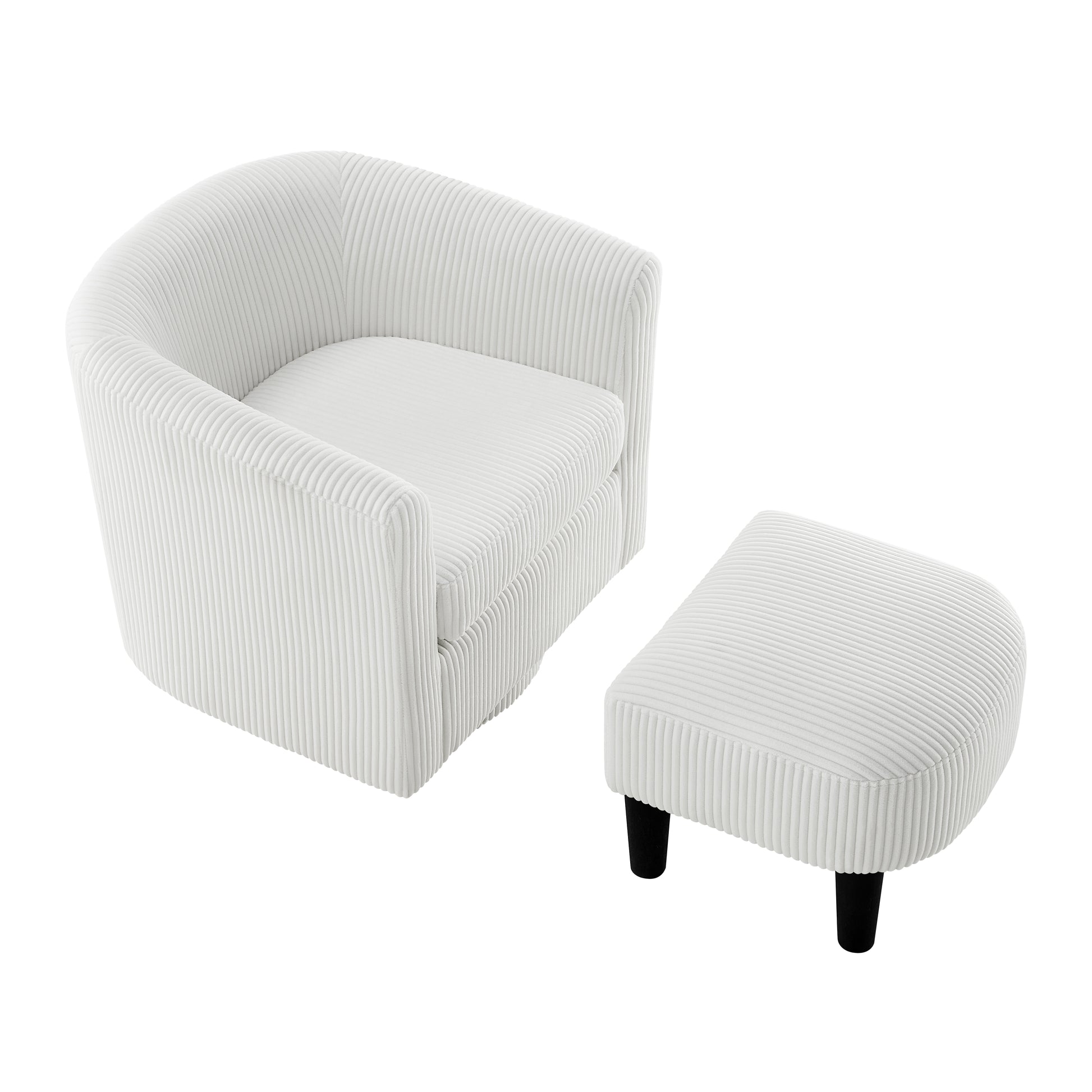 Cozy white corduroy armchair with matching ottoman perfect for relaxation