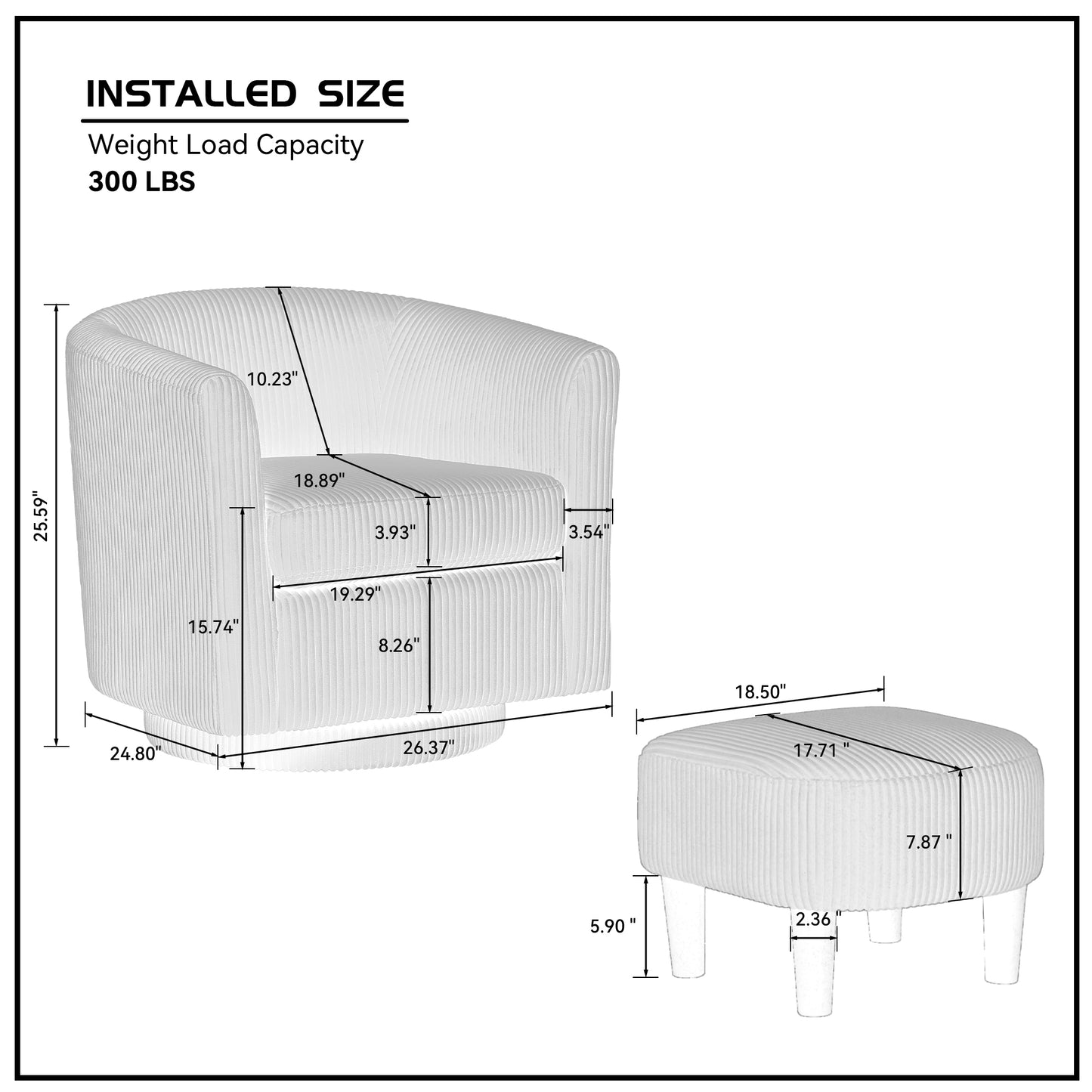White corduroy armchair with overall dimensions  H x  W x  D  lb capacity