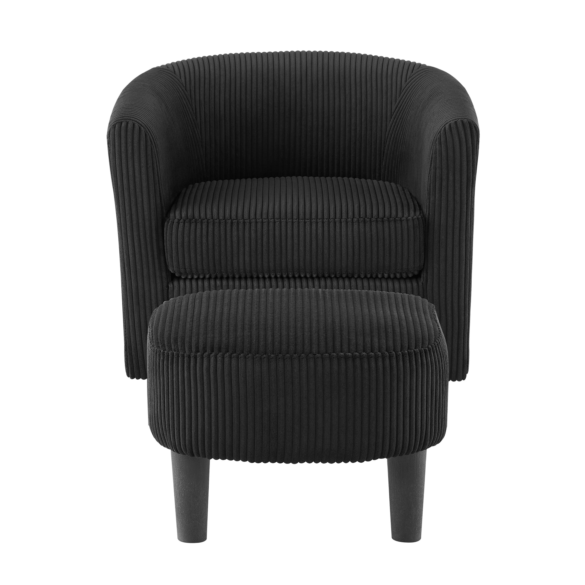 Black corduroy accent chair with matching ottoman featuring a curved back and plush seating