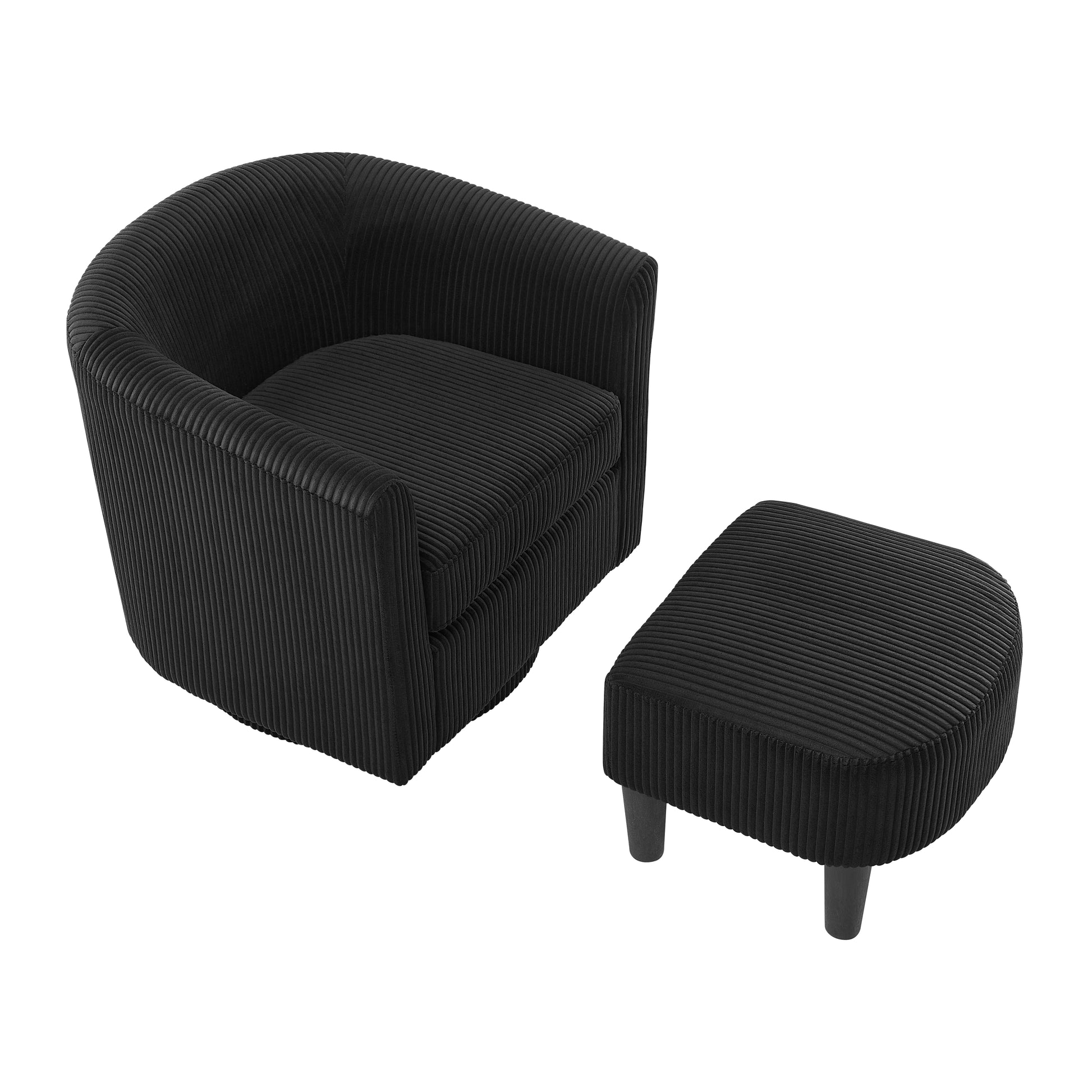 Black corduroy accent chair with matching ottoman for a stylish living room