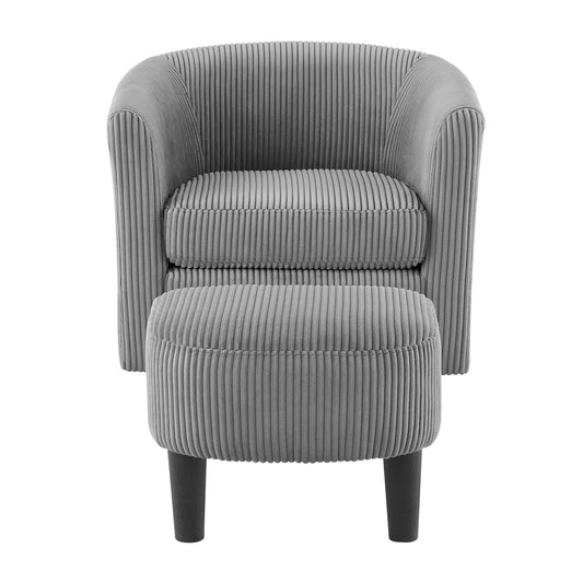 Grey corduroy accent chair with matching ottoman and dark wooden legs