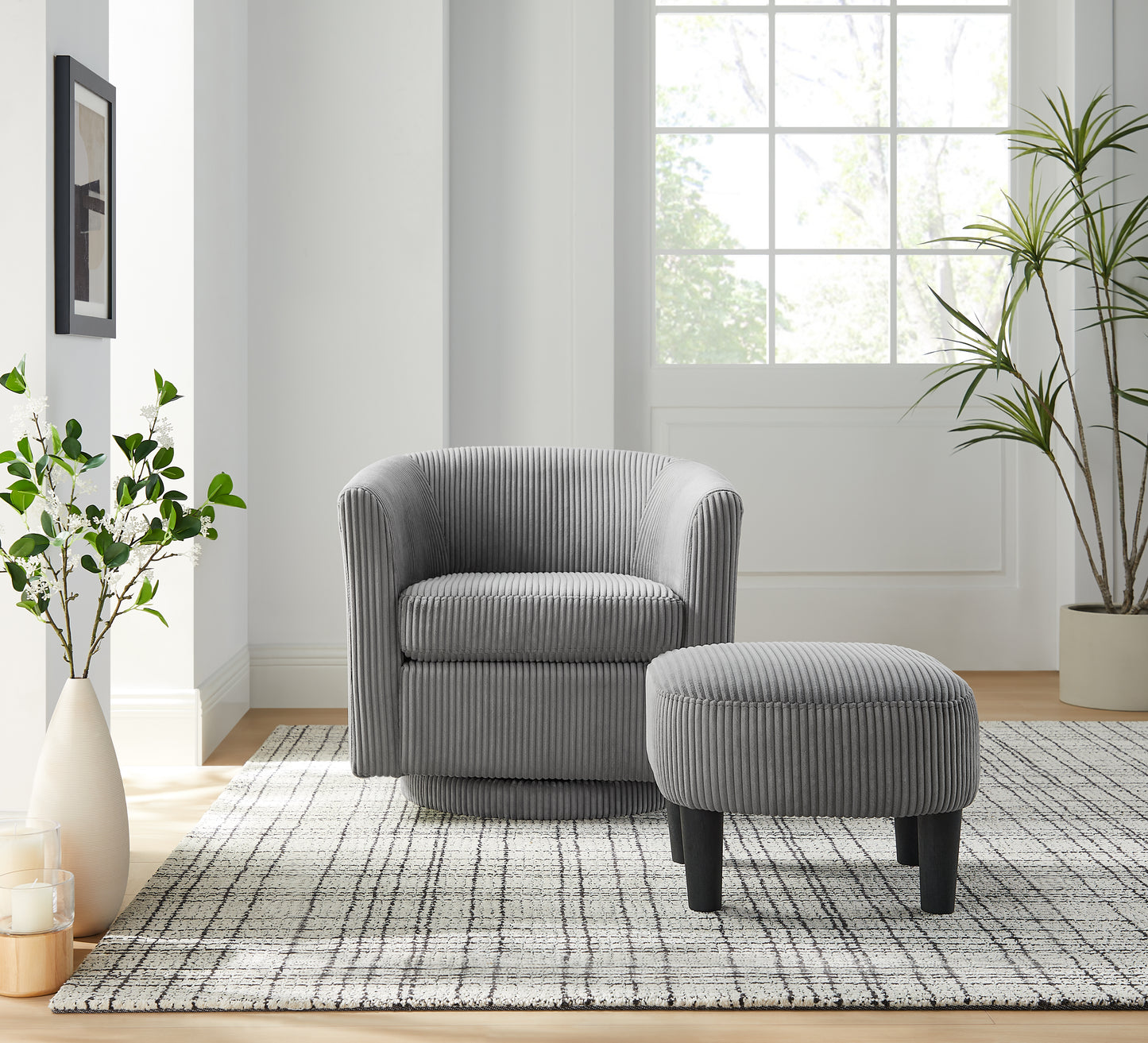 Grey corduroy accent chair with ribbed texture and matching ottoman