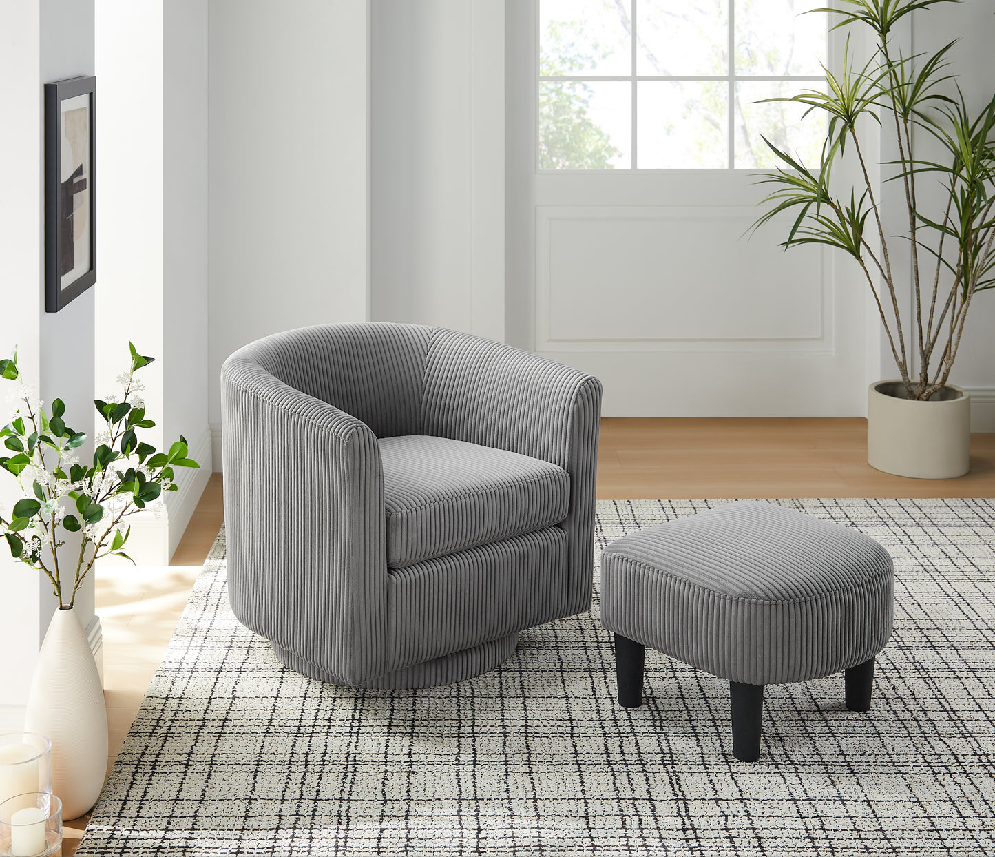 Grey corduroy accent chair with matching ottoman perfect for modern living rooms