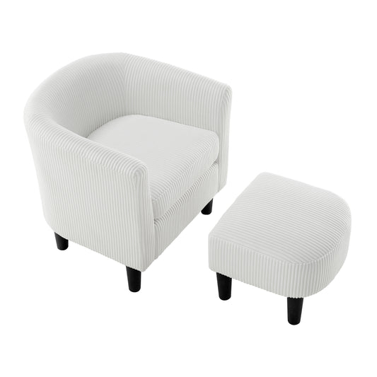 Cozy white corduroy armchair with matching ottoman modern living room furniture
