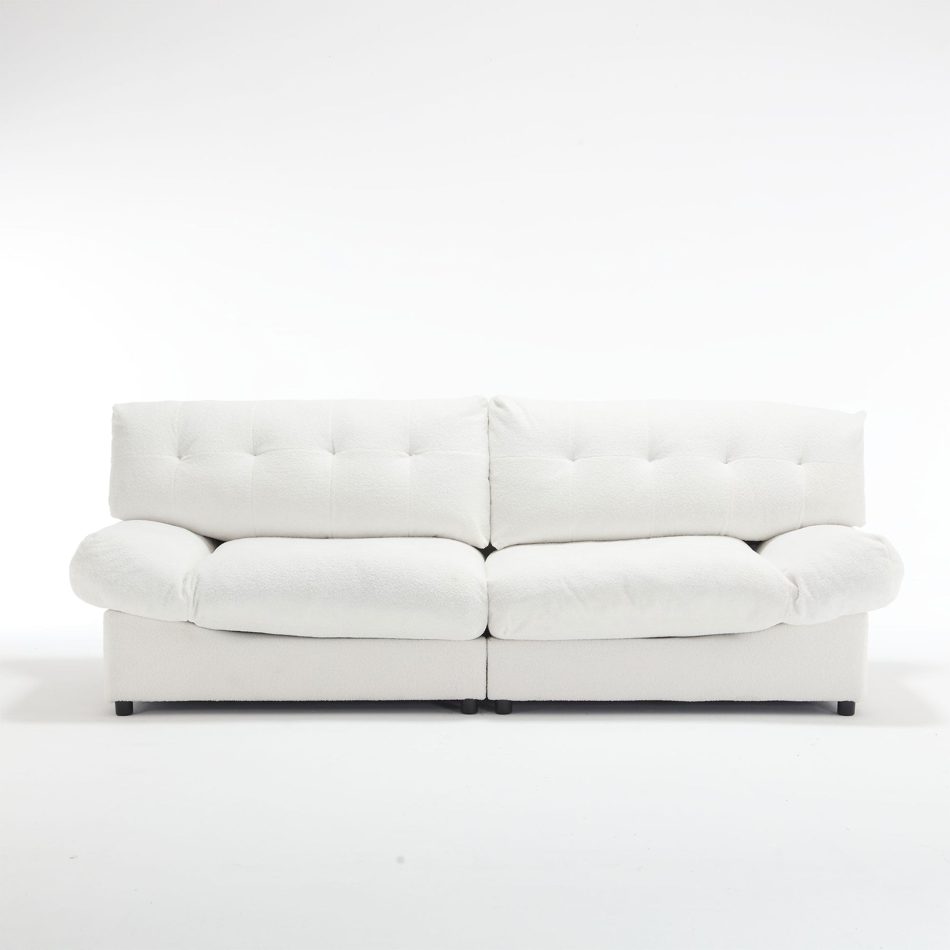 Plush white boucle fabric sofa with button tufting and rounded arms perfect for modern living rooms