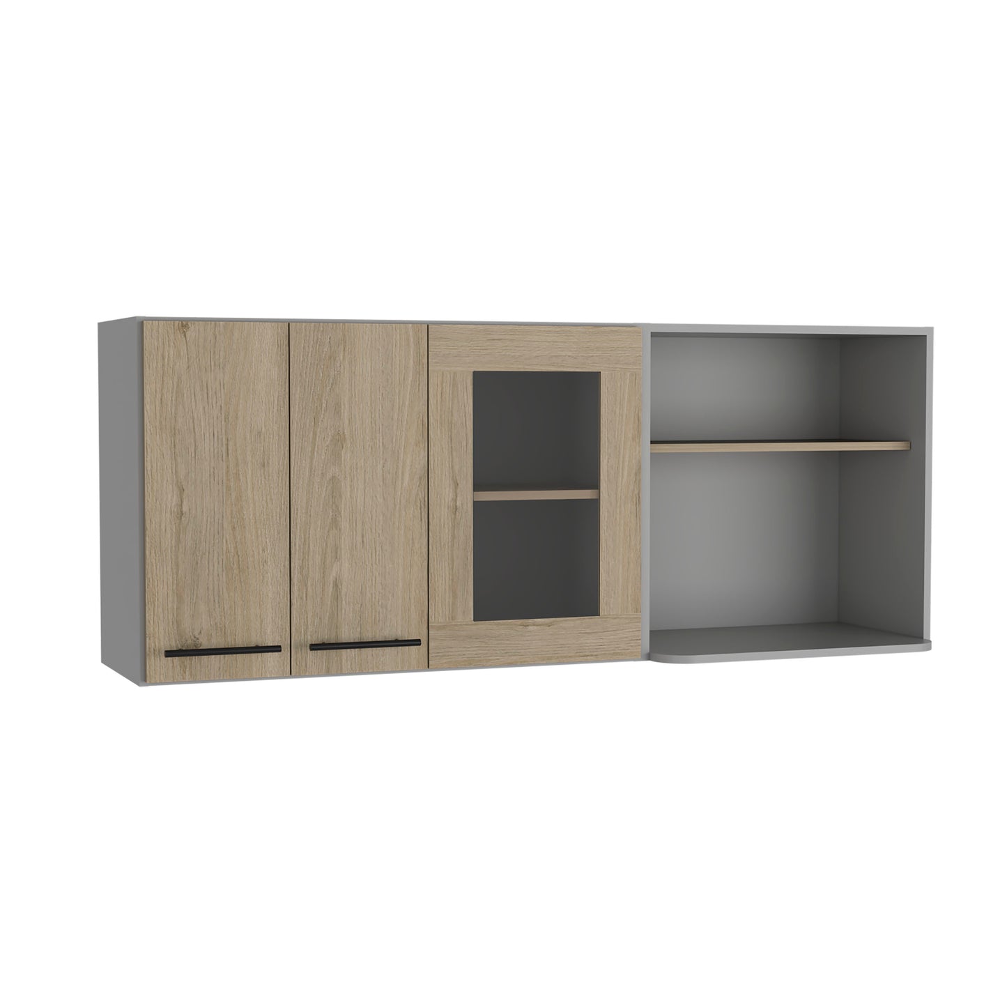 Light wood and grey wall cabinet with glass door and open shelf storage