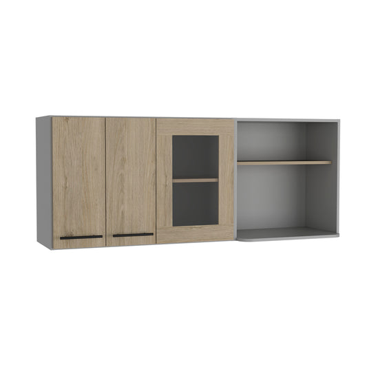 Light wood and grey wall cabinet with glass door and open shelf storage