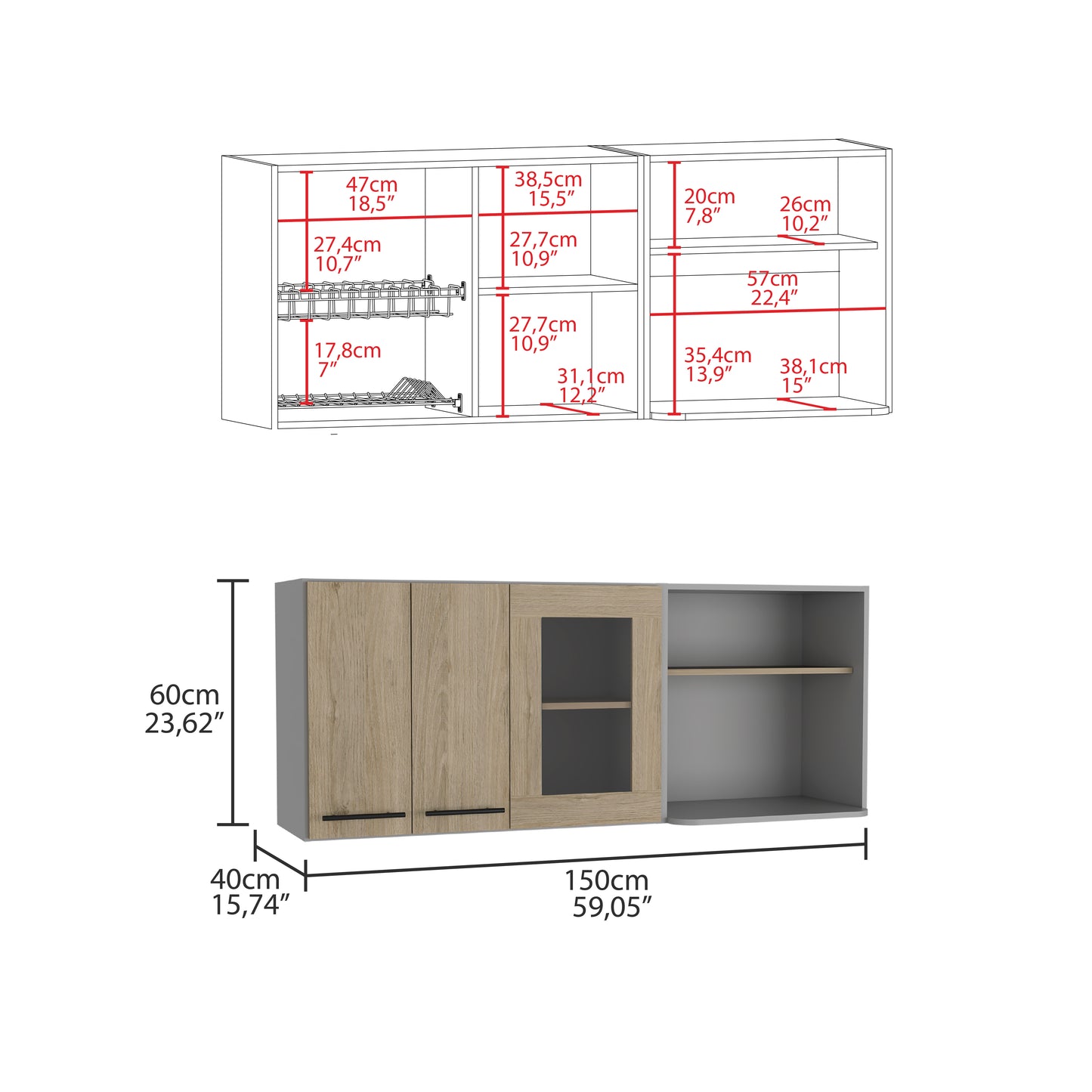 Wooden kitchen cabinet with glass door and metal handles cm wide