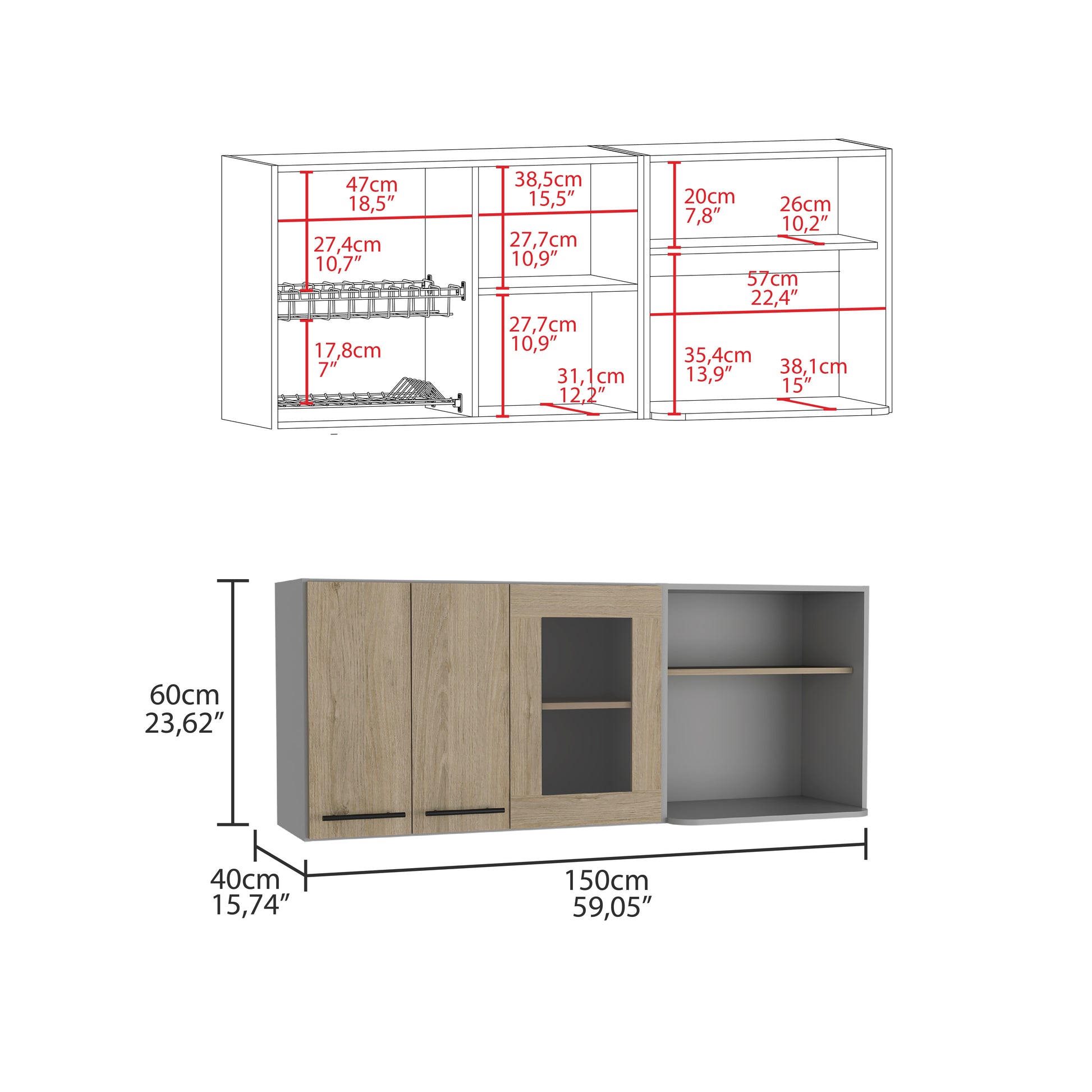 Wooden kitchen cabinet with glass door and metal handles cm wide