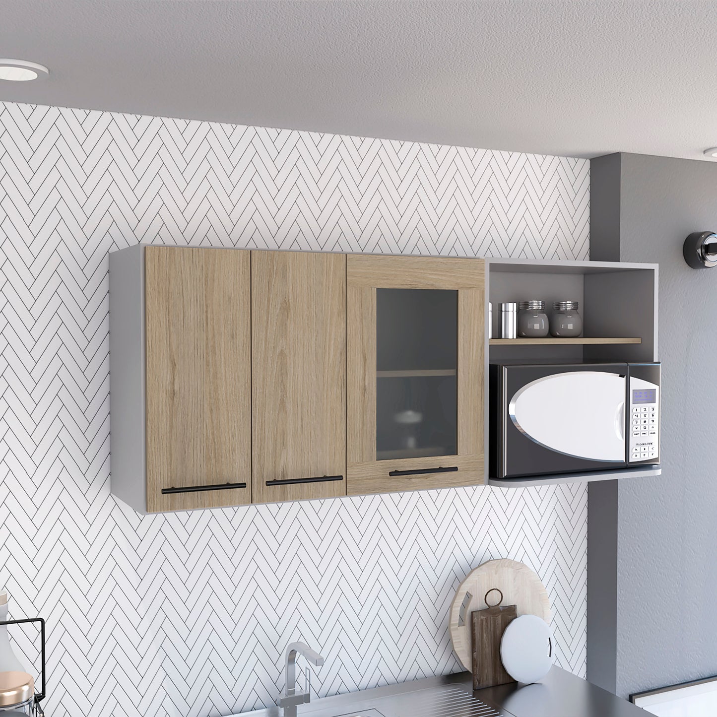 Modern oak veneer kitchen cabinet with glass door black handles